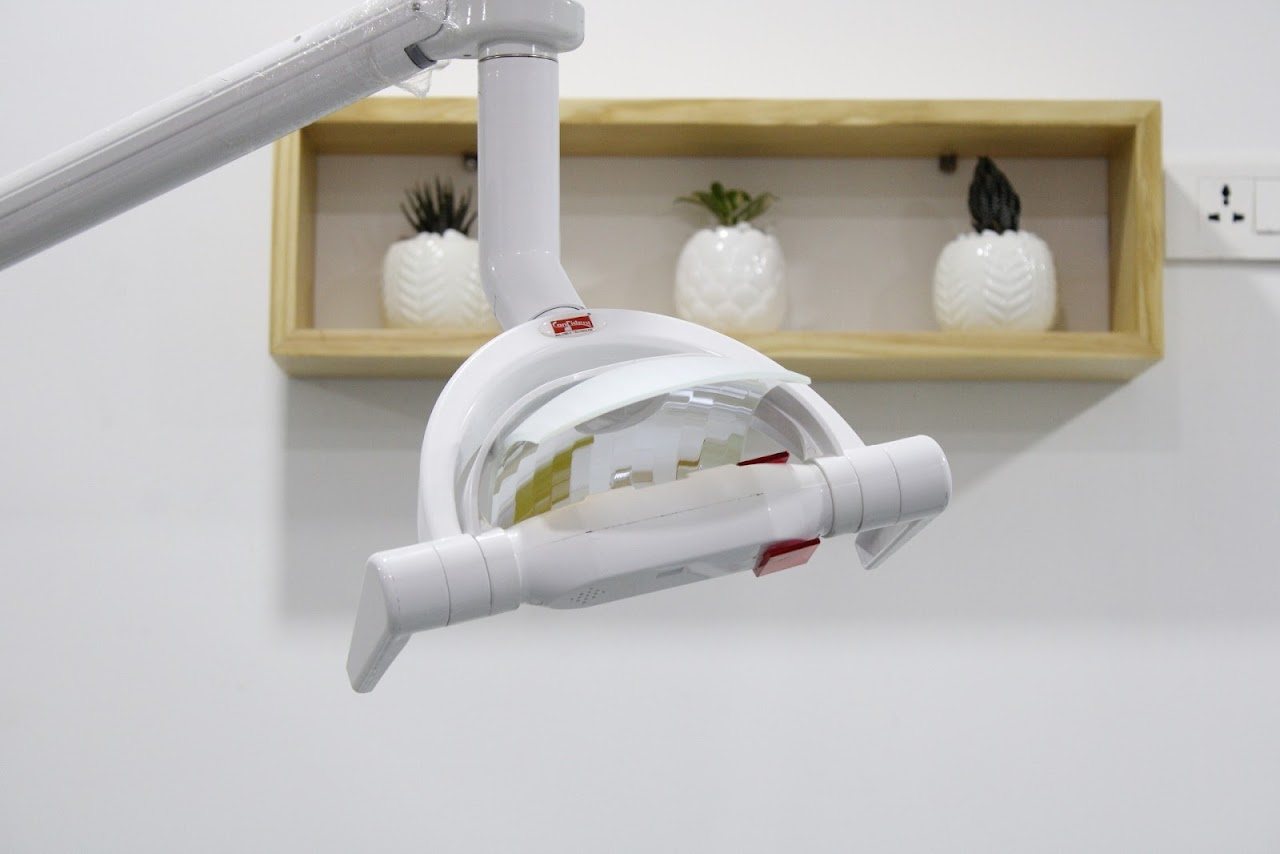 Studio detail — dental light and the studio's signature planters